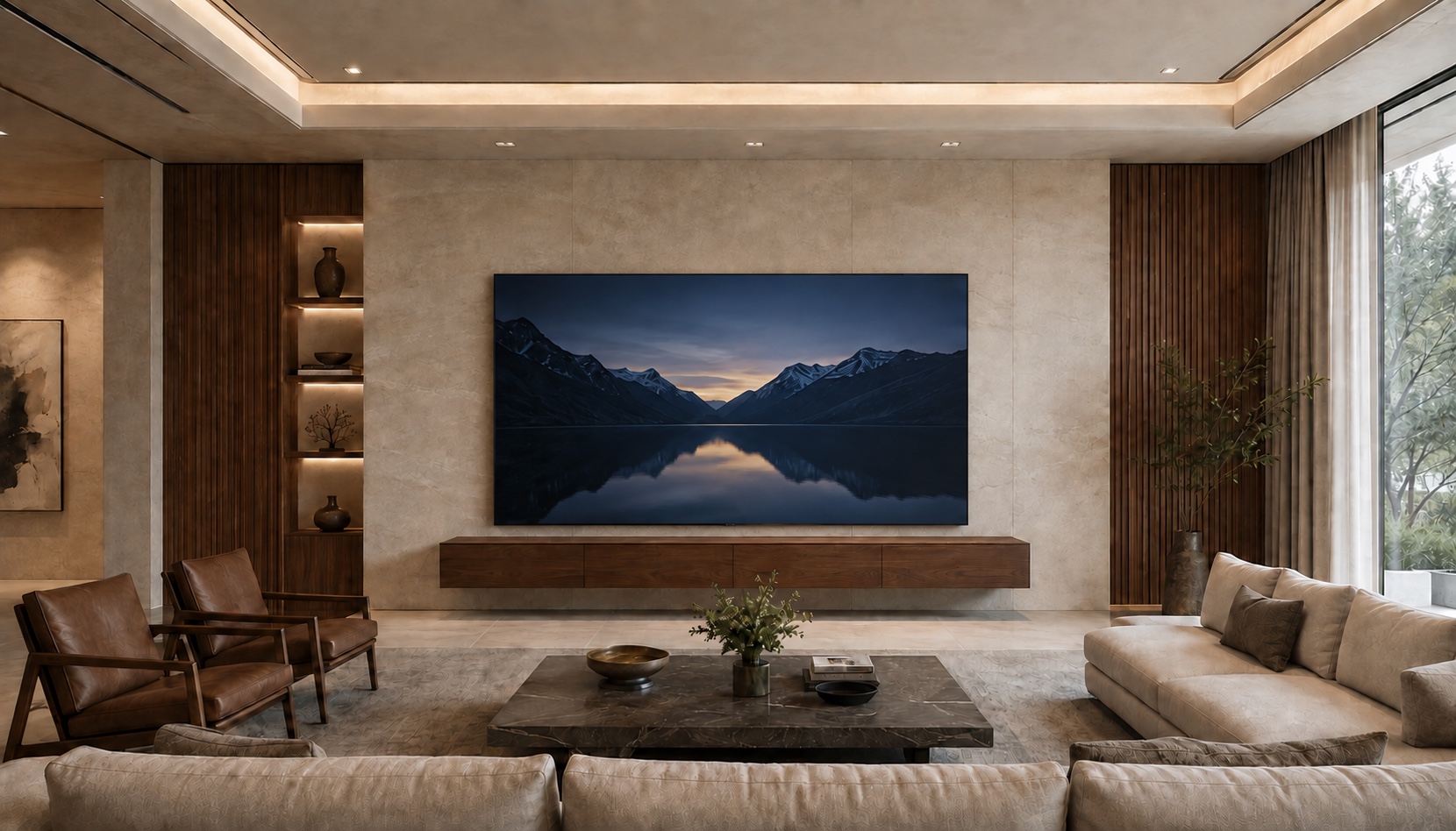 Modern living room with a conventional OLED television