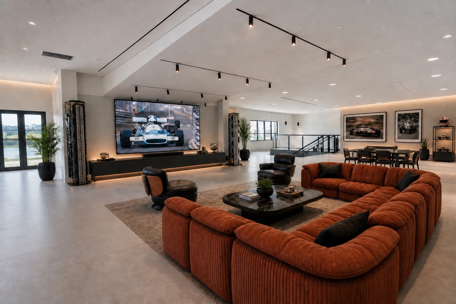 Completed Pixel Perfect Walls DVLED motorsport lounge with a red sectional